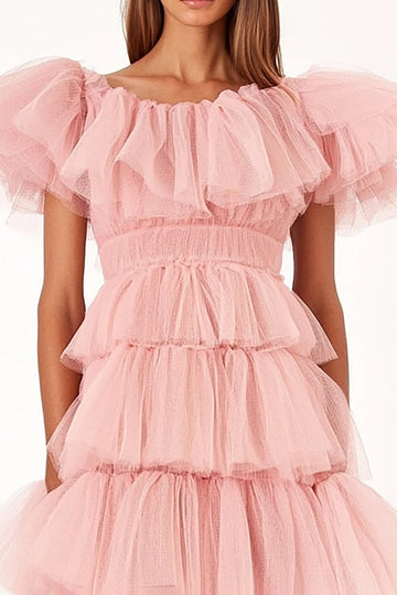 Pink A Line Tulle Tiered Ruffles Formal Dress with Short Sleeves